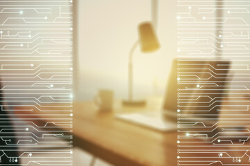Aufkleber - Creative abstract micro chip hologram on modern computer background, artificial intelligence and machine learning concept. Multi exposure