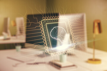 Poster - double exposure of creative human brain microcircuit with computer on background. future technology 