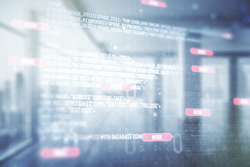 Poster - Multi exposure of abstract creative coding sketch on empty corporate office background, artificial intelligence and neural networks concept