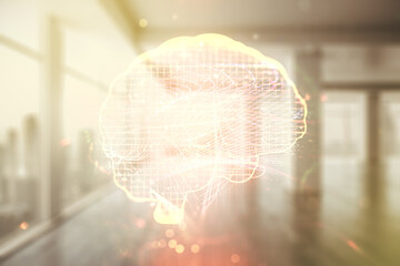 Poster - Double exposure of creative artificial Intelligence interface on empty modern office background. Neural networks and machine learning concept