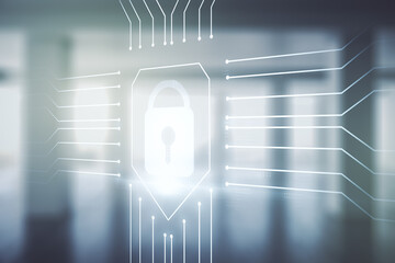 Aufkleber - Double exposure of virtual creative lock hologram with chip on empty modern office background. Information security concept