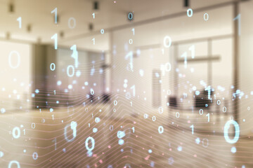 Poster - Abstract virtual binary code hologram on a modern furnished classroom background, AI and machine learning concept. Multiexposure
