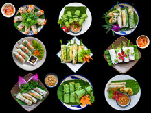 Set Or Collage Of Different Types Of Vietnamese Spring Rolls On A Black Background