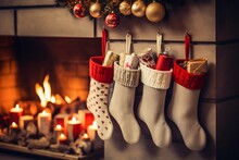 Christmas Socks Hanging On The Fireplace