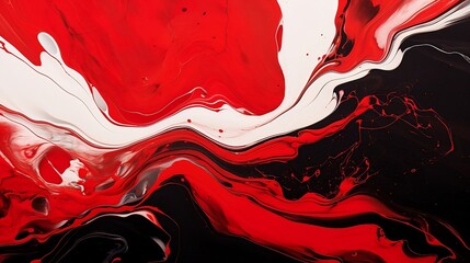 Abstract marble with acrylic paints of red, white and black colors is painted with waves, texture.