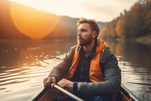 Man In Canoe, Kayak - Outdoor Boat Adventure Activity In The River