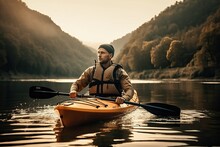 Man In Canoe, Kayak - Outdoor Boat Adventure Activity In The River