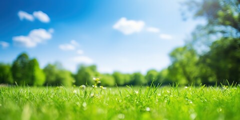 Poster - Beautiful blurry image of spring nature with a neatly trimmed lawn surrounded by trees.