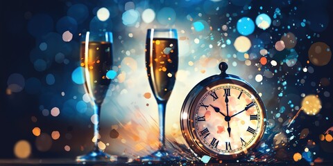 Canvas Print - New Year's Eve celebration with champagne - countdown to midnight - fireworks.