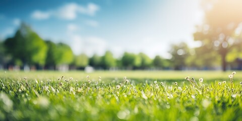 Poster - Beautiful blurry image of spring nature with a neatly trimmed lawn surrounded by trees.