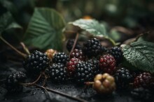 The Garden Has Blackberries - Ripe And Unripe - On A Shrub. Food. Generative AI