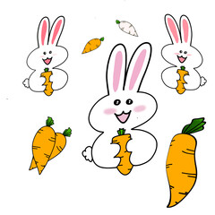 Cartoon bunny characters and orange carrot.