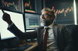 Mann arbeitet an der Börse vor Börsenkursen mit starken Emotionen, 6, Ai generiert