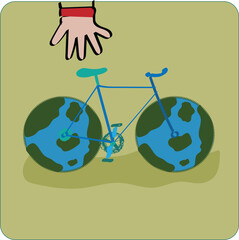 Earth Bicycle illustration, eco friendly life. Symbol of sustainability, environmentally-friendly and ethical lifestyle. Environment illustration. Green and blue earth bike art. World Bicycle Day