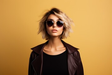 Wall Mural - Portrait of a fictional beautiful woman with short blond hair. Rock Grunge style, sunglasses and leather jacket. Isolated on a plain pastel colored background. Generative AI.