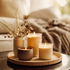 Warm cozy home interior with burning candles, afternoon room decoration, creative decor arrangement