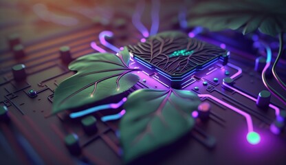 Wall Mural - Green eco technology concept with abstract circuit line background. Generative Ai