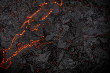 aerial view of the texture of a solidifying lava field, close-up
