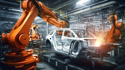 Poster - robot working in a factory of a car with generative ai