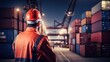 © WS Studio 1985 - Smart creative foreman engineer man control loading containers box from cargo freight ship for import export. Logistic, transportation, import and export concept with copy space with generative ai