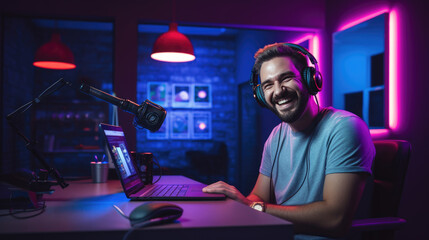 Young man records a podcast in his home office.