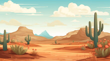 An Illustration Of A Dry Desert With Only A Few Types Of Plants Such As Cactus. Hot And Dry Weather. There Is An Off-road Route.
