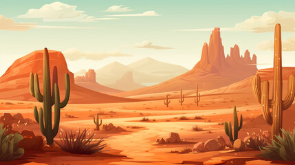 Wall Mural - An illustration of a dry desert with only a few types of plants such as cactus. Hot and dry weather. There is an off-road route.
