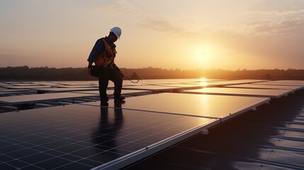 Sticker - Technology solar cell, Engineer service check installation solar cell on the roof of factory on the morning. Silhouette technician inspection  with generative ai