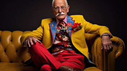 Poster - Brightly dressed stylish elderly man on dark background.