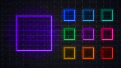 Set of neon frames. Colorful neon squares. Vector illustration