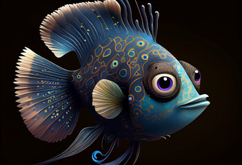 Wall Mural - Cute colorful fish in cartoon style. AI generated.