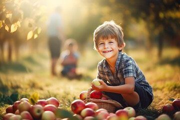 Wall Mural - Little boy picking apples in an apple garden. Generative AI.