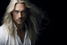 Close-up Portrait Of A Very Handsome Man With Blue Eyes, Windswept Long White Blond Hair, And A Short Blond Beard, Wearing A White Shirt - Copy Space, Isolated, Dark Background