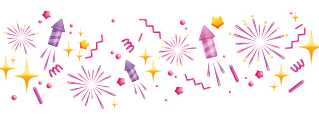 3D firework vector Diwali holiday background, vector surprise firecracker spark festive border, star. Celebrate confetti banner, party rocket cracker, New Year Independence Day sparkler. 3D firework