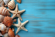 Shells And Star Fish On A Wooden Blue Background.Generative Ai.