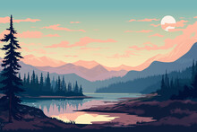 Beautiful Landscape Vector Illustration. Stunning Landscape Of The Lake Against The Backdrop Of Mountains At Dawn And A Beautiful Sky. Amazing Nature. Landscape For Printing.