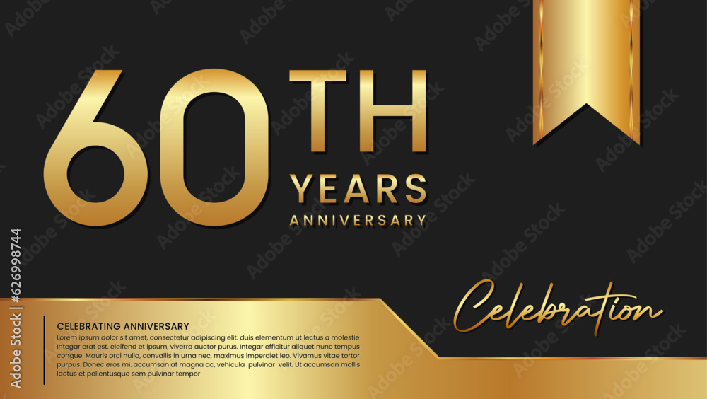 60th anniversary template design in gold color isolated on a black and ...