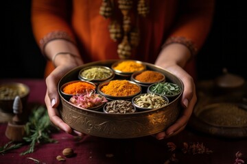 Hands holding a traditional Indian spice box (Masala Dabba) with curcuma as a centerpiece. Generative AI