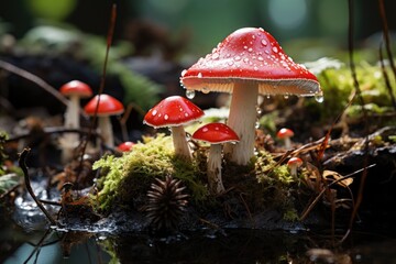 Fly Agaric mushroom with water drops in the forest background. Generative AI