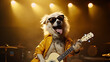 white dog playing guitar at rock'n roll concert wearing yellow jacket, Generative AI
