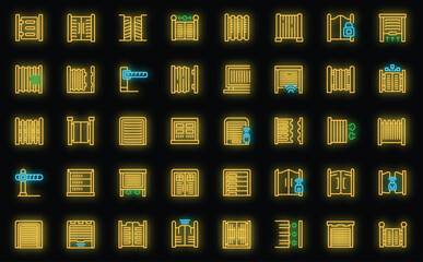 Poster - Automatic gates icons set outline vector. Security car. House gate neon color on black