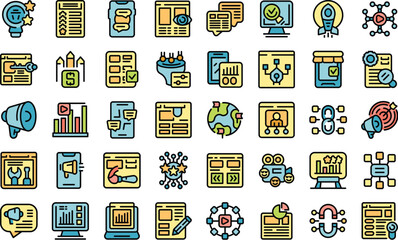 Poster - Marketing tools icons set outline vector. User media. Digital game thin line color flat on white