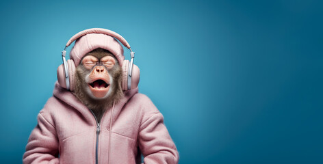 Canvas Print - Monkey listening to music on large headphones, enjoying music with eyes closed, banner empty copy space at side. Generative AI