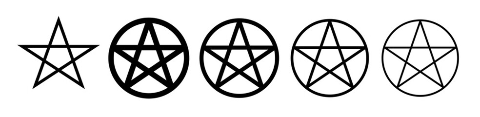 Pentagram symbol. pentacle star circle icon set in black filled and outlined style.