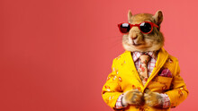 Cool Looking Squirrel Wearing Funky Fashion Dress - Jacket, Tie, Glasses. Wide Banner With Space For Text At Side. Stylish Animal Posing As Supermodel. Generative AI