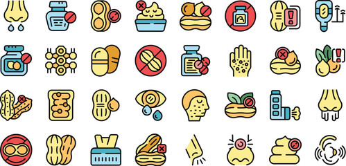 Wall Mural - Allergy to peanuts icons set outline vector. Medical food. Nuts test thin line color flat on white