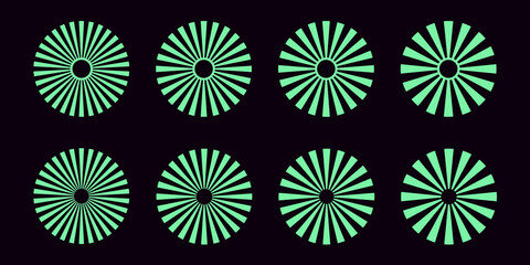 Poster - set of sunburst elements. collection of radial rays. circular shapes formed by rays