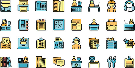 Poster - receptionist icons set outline vector. female work. adult office thin line color flat on white