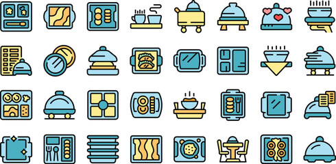 Wall Mural - Meal tray icons set outline vector. Food cooking. Menu work thin line color flat on white