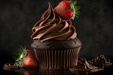 Rich Chocolate Cupcake With Decadent Ganache Frosting And A Touch Of Fresh Strawberry. Generative AI